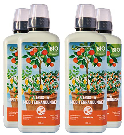 Plantura Bio Zitrus- & Mediterrandünger, 4er Set, Bio Flüssigdünger für Zitronenbaum & Co, 3,2 Liter