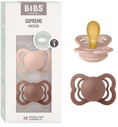 BIBS Supreme Schnuller 2er-Pack, BPA-frei, Symmetrischer Nippel. Naturkautschuk/Latex, Hergestellt in Dänemark. 0-6 Monate (2er Pack), Woodchuck/Blush