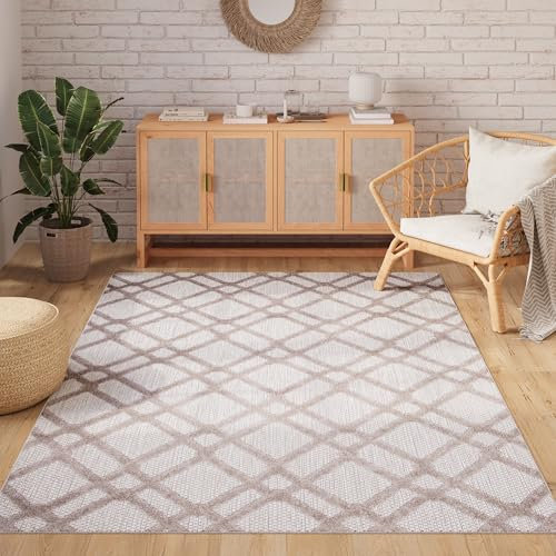 TAPISO Patio Teppich Indoor Outdoor Grau Beige Karo Muster Flachgewebe Sisaloptik Robust Wetterfest Terrasse Wohnzimmer Balkon ÖKO-TEX 200 x 300 cm