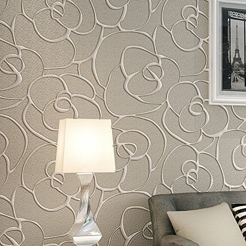 MEAIHOME Modern Minimalist 3D Rose Pattern Flocking Deep Embossed Textured Living Room Bedroom Non-Pasted Wallpaper Roll Cream&Gray 1.73' W x 32.8'L