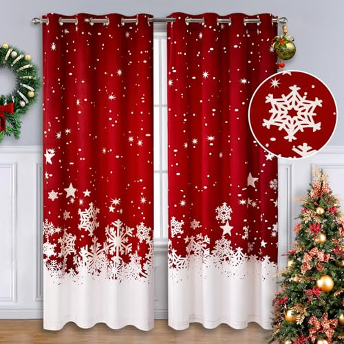 CAROMIO Weihnachtsvorhänge für Wohnzimmer, 160 cm Samt Rot 160 cm Schneeflocke Dekoration Wärmedämmung 132x160 cm 2er Set