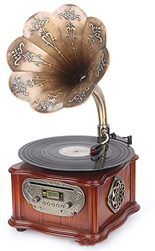 ASDNN Platine Vinyle Tout en Un phonographe Vintage, Tourne-Disque rétro, Gramophone nostalgique, pour LP avec Corne de cuivre, Radio FM USB Au -in, Audio Bluetooth