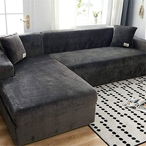 XDKS Samt-Plüsch Sektions Sofabezug, rutschfeste Stretch Sofabezug Couchbezug Ultra Weicher Sofaschutz Für L-förmige Schnittcouch (2 Sitzer (145-185 cm),Grau)
