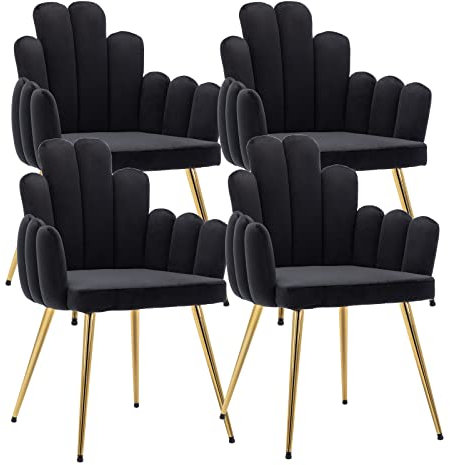 Wahson Chaise de Salle à Manger Lot de 4, Chaise Salle à Manger en Velours, Chaise de Salon Moderne avec Accoudoir et Pied Doré, Chaise de Cuisine pour Restaurant et Salle à Manger, Noir