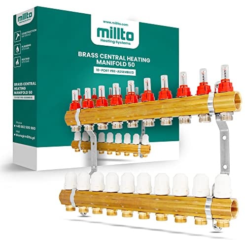 Millto™ Fußbodenheizungsverteiler Messing 10-Port 10 Abschnitte Rohranschlüsse Heizungsverteiler Vormontiert 50 Heizungsbausatz Verteiler Rohranschluss-set