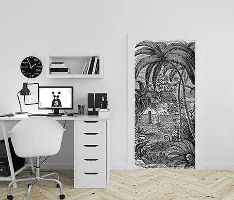 Stickers de Porte - Papier peint - Autocollant de décoration pour porte - Poster Adhésif - Paysage Tropical Noir et Blanc - Paysage - 83 x 205 cm - Fabrication française