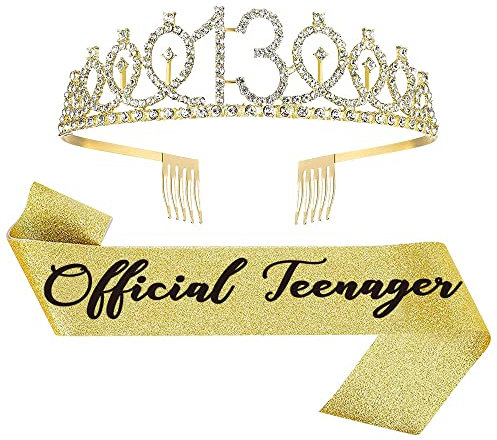 Topfunyy Tiara und Schärpe zum 13. Geburtstag – Teenager Schärpe Gold Kristall Krone Geburtstag Geschenk für Mädchen 13. Geburtstag Partyzubehör