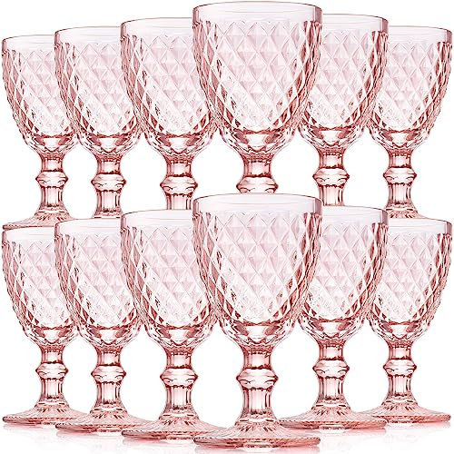 Lallisa Pink Wine Glass Set of 12 Vintage Glassware Pink Goblets 8 oz Embossed Drinking Glass with Stem High Clear Stemmed Cups Goblet for Wedding Party Banquet Feast Bar, Daily Use