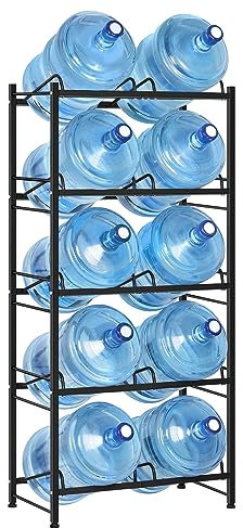 5 Gallon Water Bottle Holder 5 Tiers Water Cooler Jug Rack with 10 Slots Heavy Duty Water Jug Storage Rack for 5 Gallon Dispenser with Floor Protection for Home Office, Black