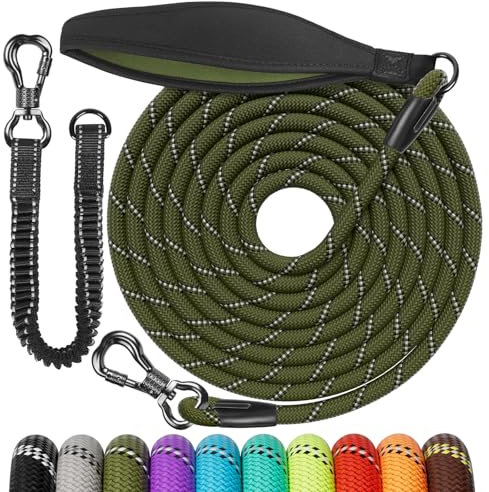 Aystkniet Longe pour Chien 5m/10m/15m/20m/30m, Laisse avec Ligne Elastique, Crochet Pivotant et Poignée Rembourrée, Deux Façons D'utiliser Laisse de Dressage pour Chiens de Taille Moyenne et Grande