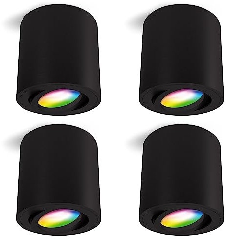 linovum 4 Stück CORI LED Aufbauleuchte rund schwarz GU10 dimmbar mit Smart RGBW Licht - Deckenspot kompatibel mit Alexa, Google, Siri