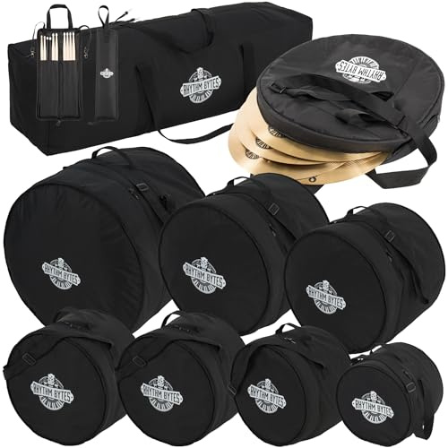 Rhythm Bytes 9-teiliges gepolstertes Schlagzeugtaschen-Set für das komplette Schlagzeug-Set – inklusive Taschen für 25,4 cm Tom, 30,5 cm Tom, 33 cm Tom, 40,6 cm Tom, 35,6 cm Snare, 55,9 cm Bassdrum, 1