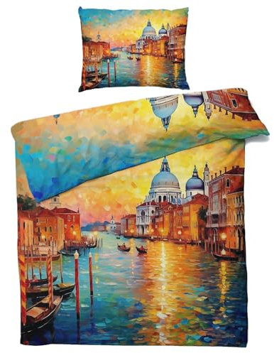 QEODAH Venedig Bettwäsche 135x200 Winter - Italienische Stadt Bettbezug 135 x 200 2er Set - Wendebettwäsche & Kissenbezug 80x80 cm - Weiche Mikrofaser Bettwäsche-Sets mit Reißverschluss