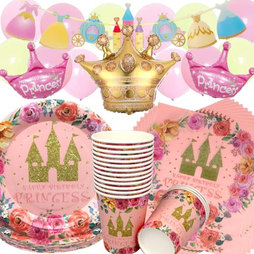 Doyomtoy Prinzessin Schloss Geburtstag Deko, 64 Stück Schloss Partygeschirr Pink Castle Prinzessin Kronenballon Geburtstagsteller Tassen Servietten für Kinder Geburtstag Party Decoration