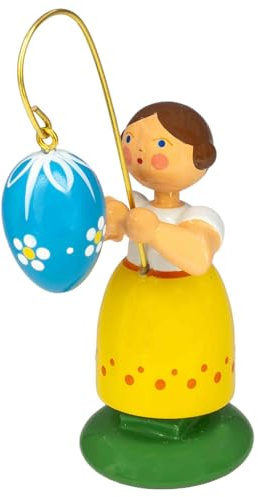 Seiffener Volkskunst Jan Legler | Handgeschnitzte Erzgebirge Frühlingsbote Ostermädchen Dekofigur | Traditionelle Dekoration für Ostern | Osterschmuck 8.5 cm | mit blauem Ei