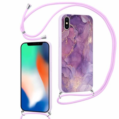 ZhuoFan Handykette für iPhone XS Max Hülle mit Band, Aesthetic Lila Marmor Muster Verstellbarer Halskette Handyhülle mit Kordel zum umhängen Silikon Stoßfest Schutzhülle mit Kette, 18