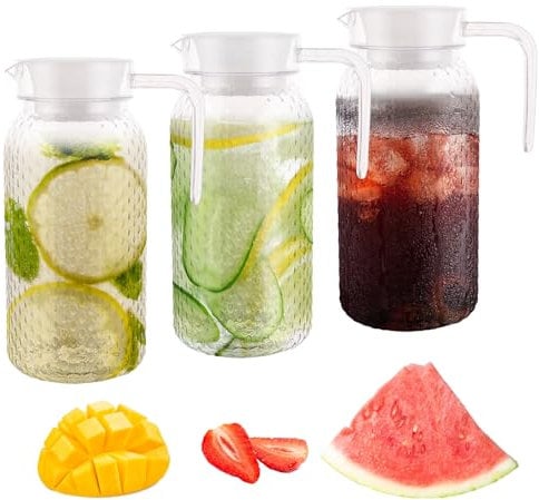 WOPPLXY 3 PCS 1 Litre Plastic Water Jug - Clear Water Pitcher with Lid - Unbreakable Juice Jug Liquid Container for Iced Lemonade, Tea, Coffee