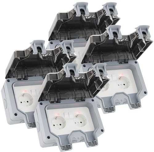 greate 4x enchufe exterior impermeable con cerradura para jardín con interruptor - Enchufe estanco exterior resistente al agua IP66 - Enchufe exterior estanco, enchufe exterior doble, enchufe pared