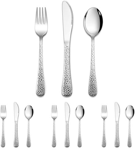 HaWare Kids Cutlery Set, 12 Piece Stainless Steel Hammered Children Flatware Include 4 Knives, 4 Forks, 4 Spoons, Small Toddler Silverware, Cute Adult-Look& Mirror Finish, Dishwasher Safe