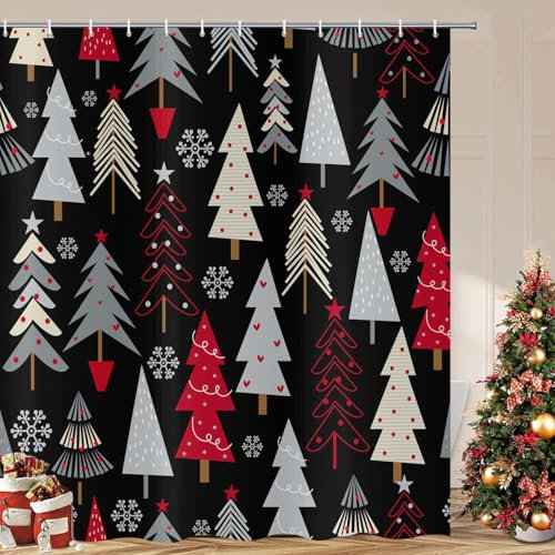 ASDCXZ Weihnachten Duschvorhang 180x200 cm, Cartoon Grau Rot Weihnachtsbaum Schneeflocke Weihnachtlich Waschbar Bad Duschvorhänge Polyester Textil Wasserdicht Duschvorhang für Badewanne mit 12 Haken