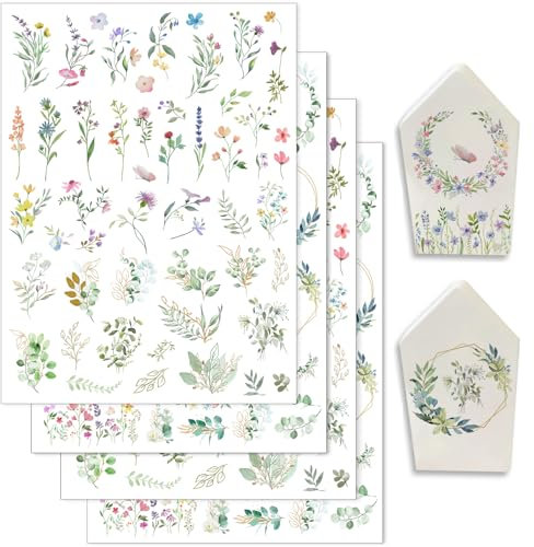 Hongma Rub On Sticker 19x14cm-Großformat Blumen Eukalyptusblätter Transfers 4PCS Sprüche für Raysin für Keraflott Möbel Glas Holz DIY Deko Rub On Folie Rubons Aufkleber