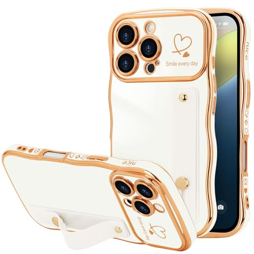 LLZ.COQUE for iPhone 16 Pro Max Wristband Case Wave Frame Plaitng Heart | Adjustable Hand Strap Stand Cover, Cute Love-Heart with Luxury Plating Wavy Frame, Shockproof Bumper Phone Case, White