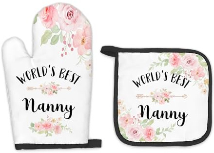 FIicy Nanny Gifts Oven Mitts and Pot Holders Sets, Nanny Gifts for Grandma from Grandkids Kitchen Decor Accessories Sets, World’s Best Nanny Heat Resistant Oven Glove Potholders for Kitchen Cooking