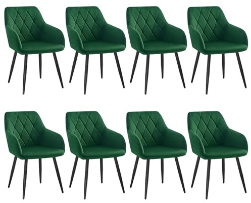 WOLTU Esszimmerstühle 8er Set, Küchenstühle gepolstert mit Armlehnen | mit Rückenlehne Metallbeinen, Samtbezug, für Esszimmer Wohnzimmer Küche, Dunkelgrün