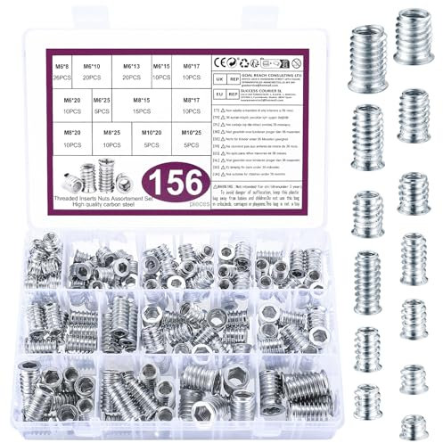 M6 M8 M10 Inserti Filettati Dado, 156 Pz Bussole Boccole Filettate per Legno, Inserto Filettato, Dadi di Fissaggio per Legno, Viti a Esagono Incassato per Mobili