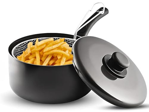 BudgetBuy Chip Pan with Basket - Durable Non Stick Deep Fryer Saucepan – Heavy Duty Large Pan with Plastic Handles and Lid for Cooking, Potato Chips, Kitchen (Black, 22 cm)