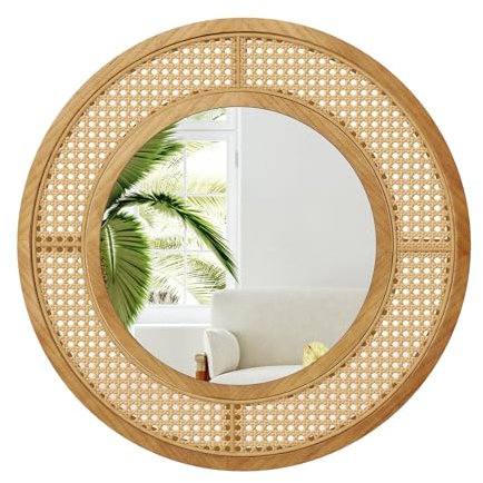 COSTWAY Runder Wandspiegel Rattan, ∅ 65 cm, dekorativer Spiegel mit Holzrahmen & Aluminiumglas & Haken, Dekospiegel Wandmontage, modern, für Wohnzimmer, Schlafzimmer, Eingang, Natur