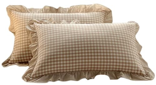 Hintyne: Juego de 2 fundas de almohada de cuadros vichy, algodón, 19x29 pulgadas, Queen, con borde con volantes, rojo y blanco