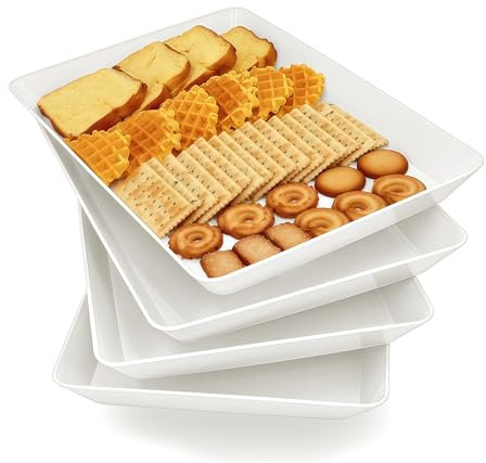AMGBZT Serving Tray Platter, 4 Pack Food Tray for Veggie Fruit Snack Dessert Cookie Cheese, Food Trays for Party Supplies Display, Plastic Platters for Serving Food, Large White Trays, BPA Free