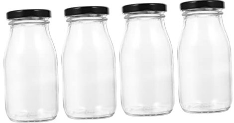 KICHOUSE Bouteilles De Lait En Verre Transparent 200 Ml Avec Couvercles Hermétiques, Lot De 4 Contenants De Jus Réutilisables, Réfrigérateur Et Boissons Maison