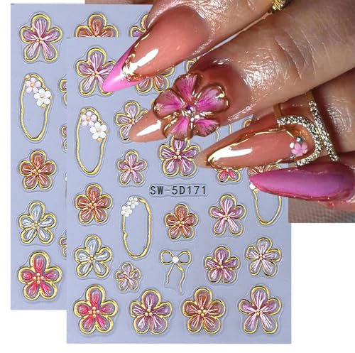 LunarCharm 2 Piece Flower Nail Art Stickers, 5D Embossed Flower Nail Stickers, Pink, Five-petaled, Golden Flower Circle Nail Art Design, Fly Flowers