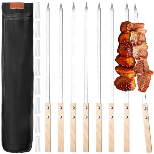 8 Stück Flache Schaschlikspieße Edelstahl, 42 cm Lange Grillspieße Wiederverwendbar, Adana Kebab Spieße mit Holzgriff, Spiesse Grill mit Tasche für Fleisch, Gemüse Grillzubehö