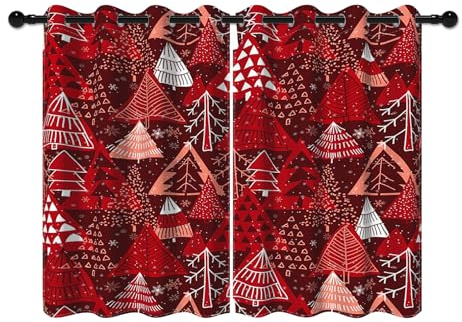 YONGFOTO 117x138cm Tende natalizie per la camera da letto Red Cartoon Christmas Tree Snowflakes Tende Oscuranti con Occhielli per Decorazioni Invernali per il Soggiorno, 2 Pannelli