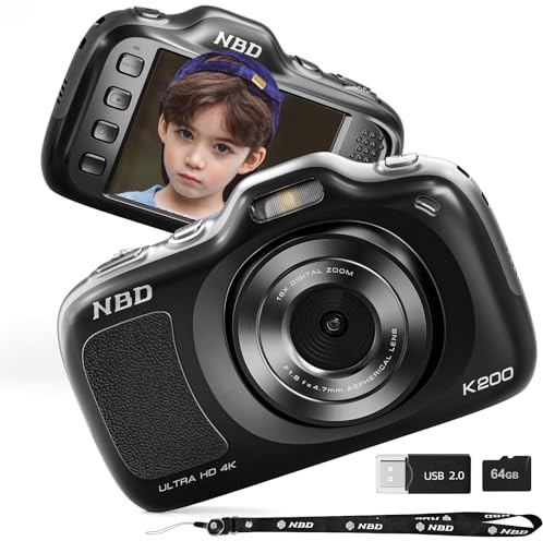 NBD Fotocamere digitali da 64 MP per fotografia, fotocamera 4K Point and Shot, fotocamera compatta da viaggio con zoom 16x, fotocamera con messa a fuoco automatica per principianti, adolescenti