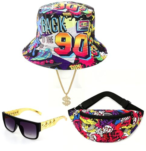 Frdelma 90er Party Accessoires,4 Stücke 80er/90er Jahre Outfit Herren Hip-Hop-Rapper Kostüm Fischerhut, Gürteltasche, gefälschte Goldkette, Ringbrille für Karneval Fasching Mottoparty