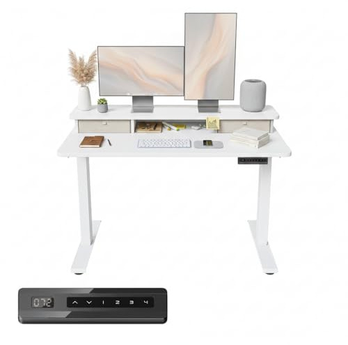 FEZIBO Electric Standing Desk with Drawers,120x60cm, with Double Drawers and Monitor Stand, White