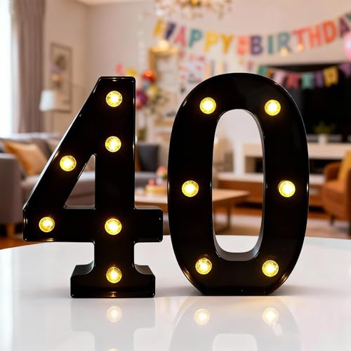 LED Light Up Numbers, 8.5inch Marquee Numbers Lights for 40th Birthday Decorations, Black Light Up Number Sign for 40th Birthday Wedding Anniversary Table Wall Party Decor