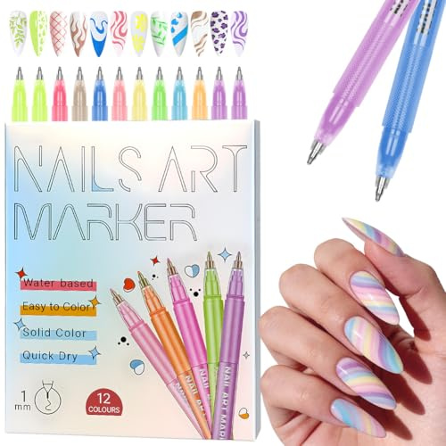 AOOWU Bolígrafos de Arte de Uñas 3D, 12 Colores Boligrafo 3D Pintauñas, Bolígrafo de 1 mm para DIY Bolígrafo Manicura Niñas, Pintura Acrílica a Base de Agua Pincel Liner para Casa y Salón