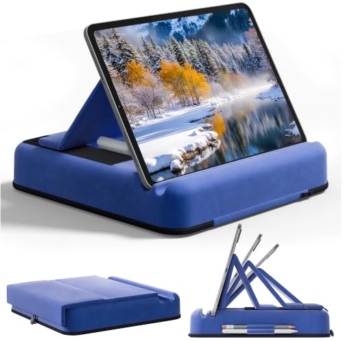 TabHolderix Support de tablette pliable multi-angle pour lit, canapé, bureau, ordinateur portable, station d'accueil souple avec poche de rangement et support pour stylet, pour appareils de 4,7 à 13