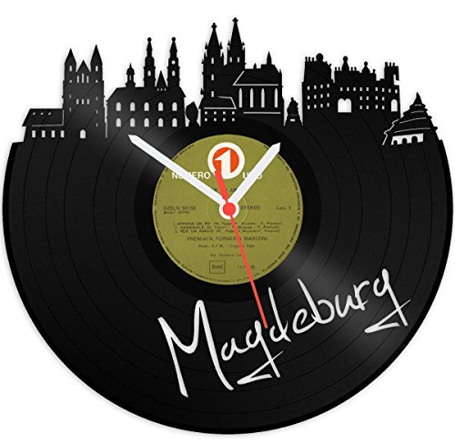 GRAVURZEILE Schallplattenuhr - Skyline Magdeburg - Wanduhr aus gegossenem Vinyl mit Stadt Skyline 30 cm - Upcycling Design-Uhr Wand-Deko Vintage Wand-Dekoration Retro-Uhr - Made in Germany