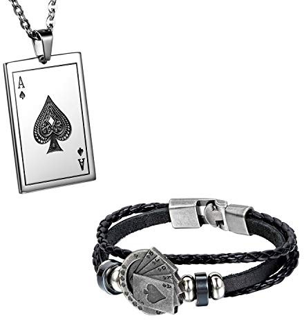Flongo armband Lederarmband Herren Kette Set Schwarz Männer Anhänger Männer Armband Herren Armreif Leder Armband Anhänger Halskette mit Spielkarte Joker Royal Flush Poker Karten Set