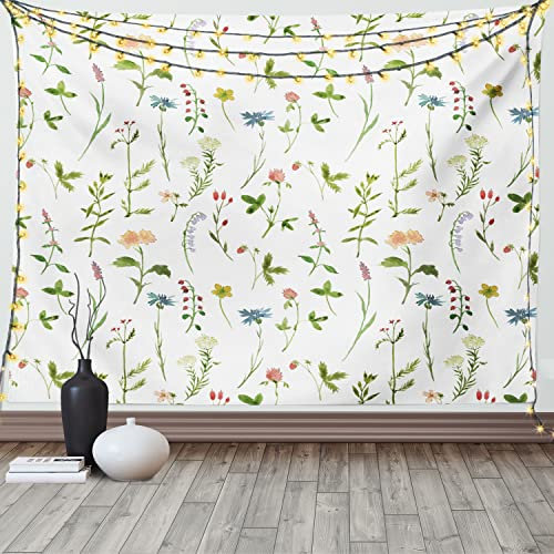 ABAKUHAUS Blumen Wandteppich, Herb Flowers Aquarelle aus Weiches Mikrofaser Stoff Waschbar ohne Verblassen Digitaldruck, 150 x 110 cm, Weiß Grün