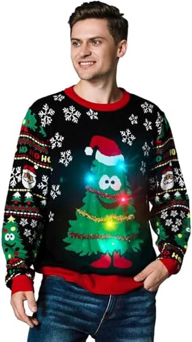 OFF THE RACK Men's Unisex Led Light Up Ugly Christmas Jumper for Men & Women Sweater, Happy to Tree You!, L UK