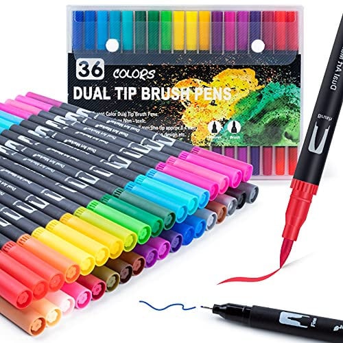 AKARUED Dual Brush Pen Set, Filzstifte 36 Farben Fineliner Set Pinselstifte Für Bullet Journal, Malbücher, Handlettering, Tinte auf Wasserbasis Markers Lettering Stifte für Manga Kalligraphie