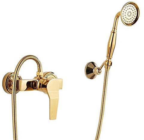 Grifo De Bañera Con Alcachofa De Mano, Dorado Latón Monomando Grifo Ducha, Mezclador Baño Y Ducha Con Manguera De Ducha De 1,5 M Y Soporte, Montaje En Pared, Estilo Moderno