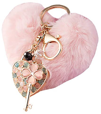 Pom Pom coeur porte-clés trèfle en cristal chanceux strass avec fausse fourrure boule charme accessoire pour femmes filles sac sac à main pendentif avec boîte-cadeau rose gris